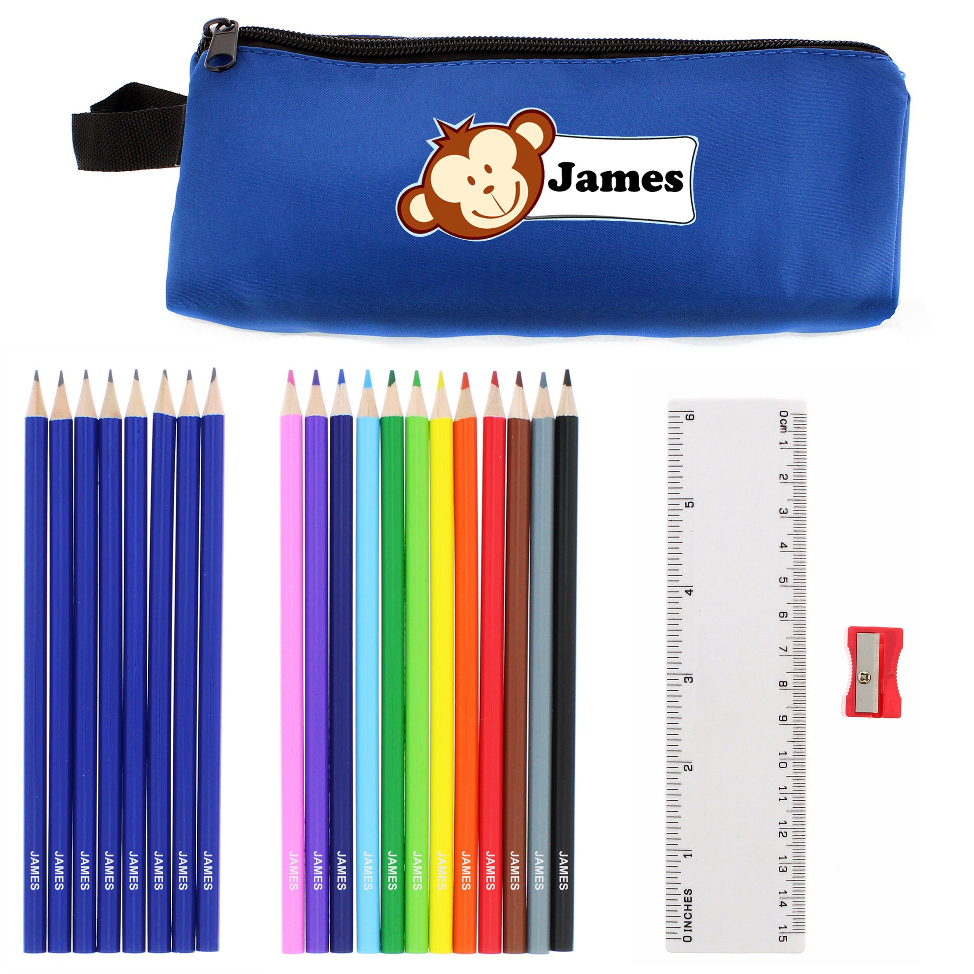 Personalised Blue Monkey Pencil Case with Pencils & Crayons