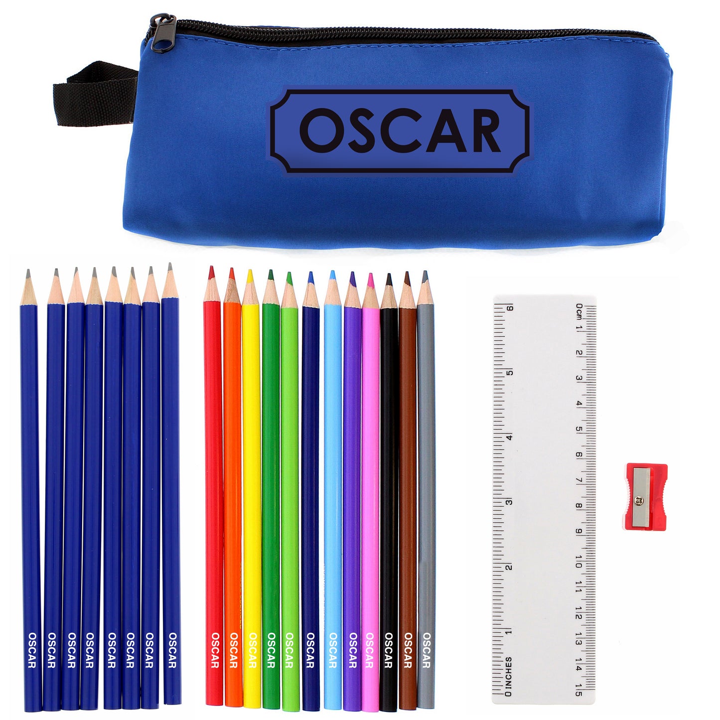 Personalised Blue Pencil Case with Pencils & Crayons