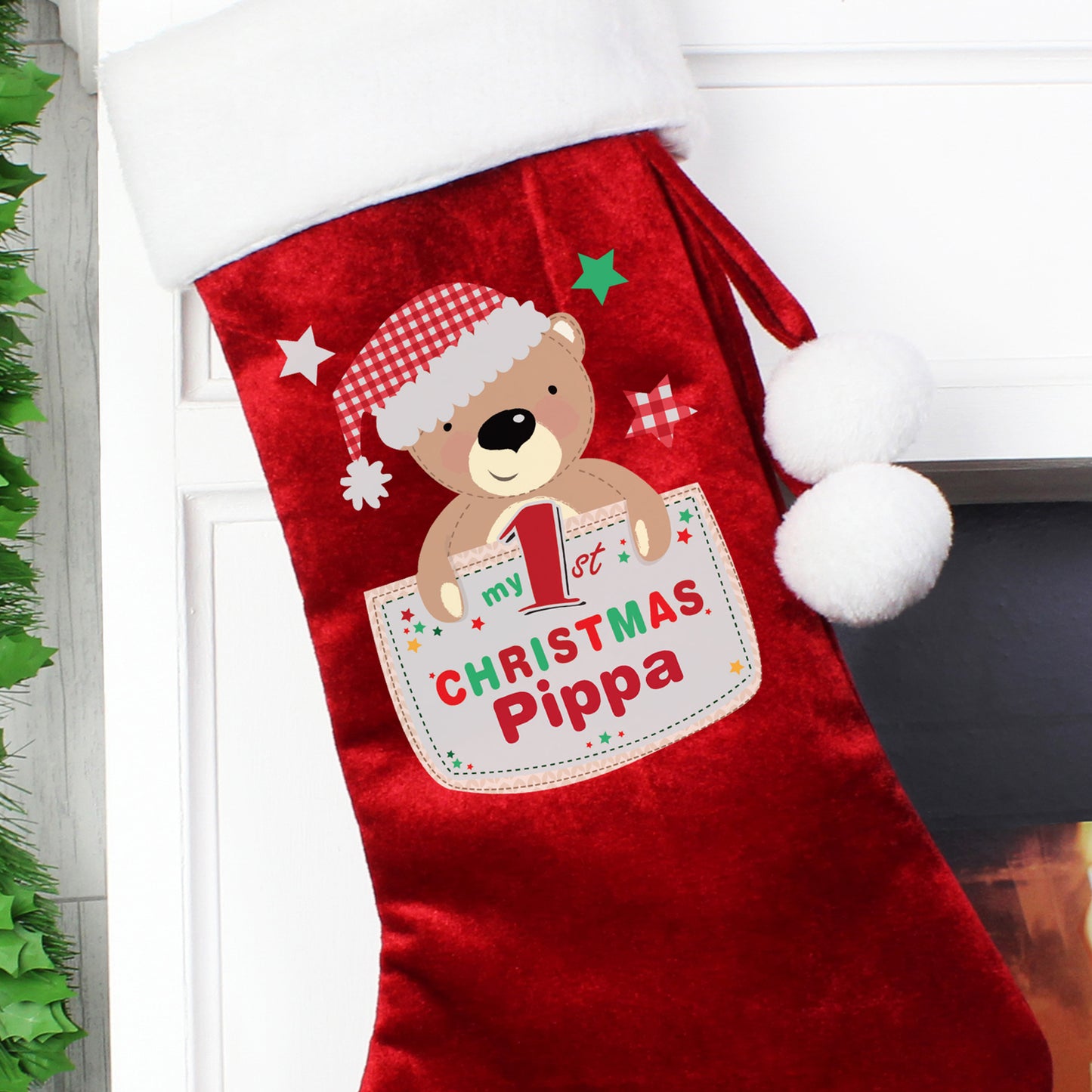 Personalised Pocket Teddy Baby’s 1st Christmas Luxury Red Stocking
