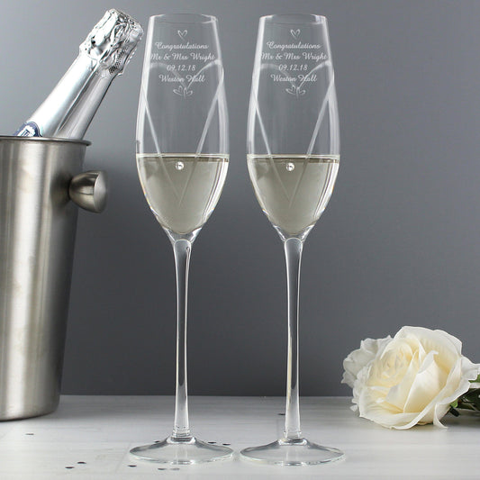 Personalised Hand Cut Little Hearts Swarovski Pair of Flute Glasses with Gift Box