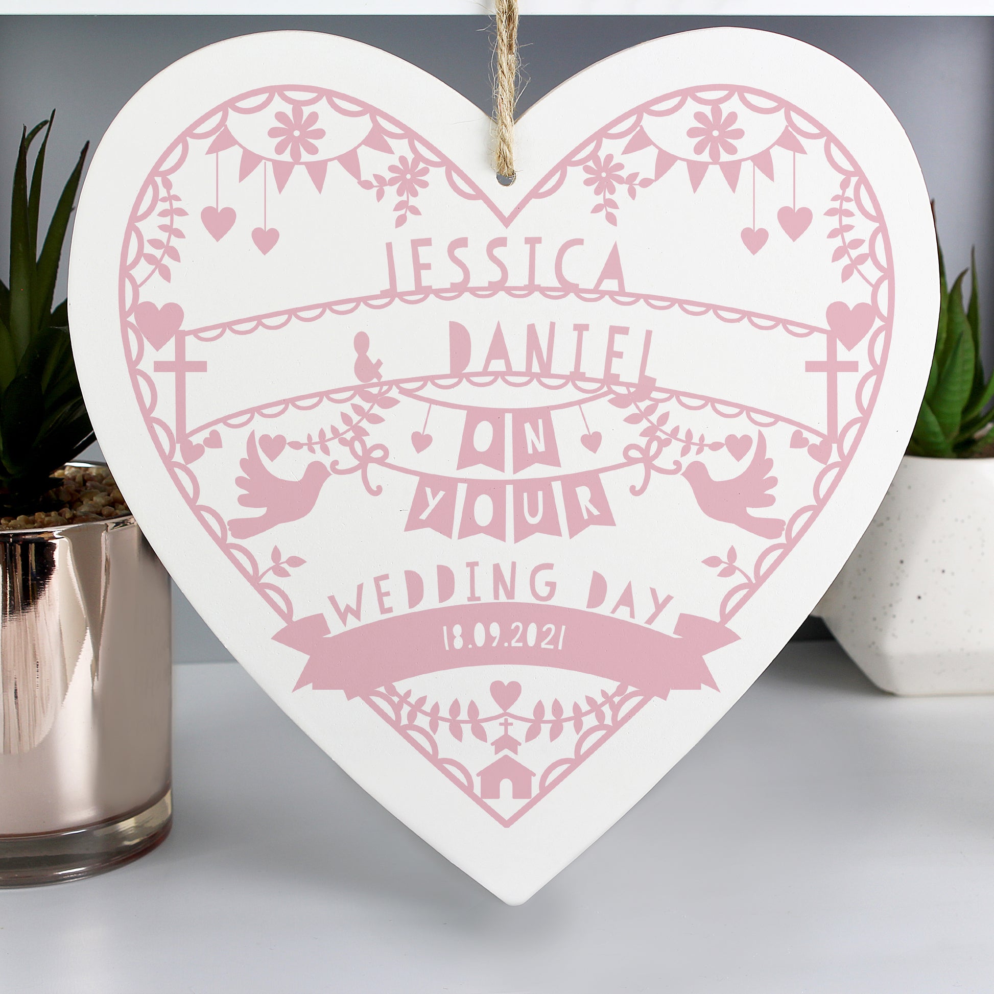 Personalised Pink Papercut Style Large Wooden Heart Sign