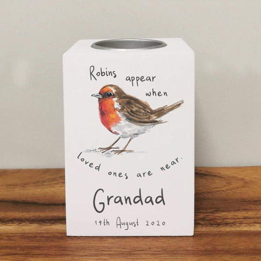 Personalised Robin In Memory Wooden Tea Light Holder