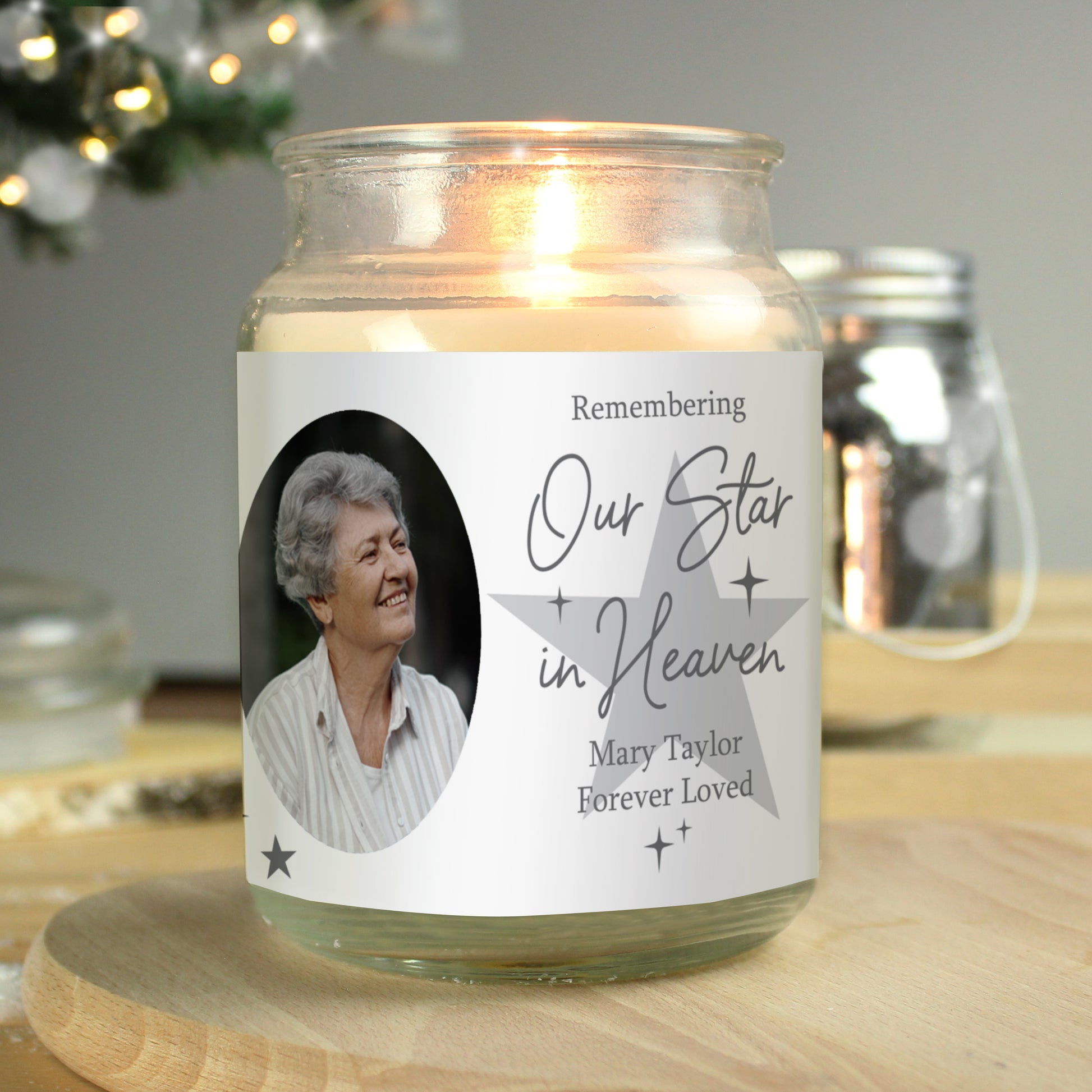 Personalised Star In Heaven Photo Memorial Large Scented Jar Candle
