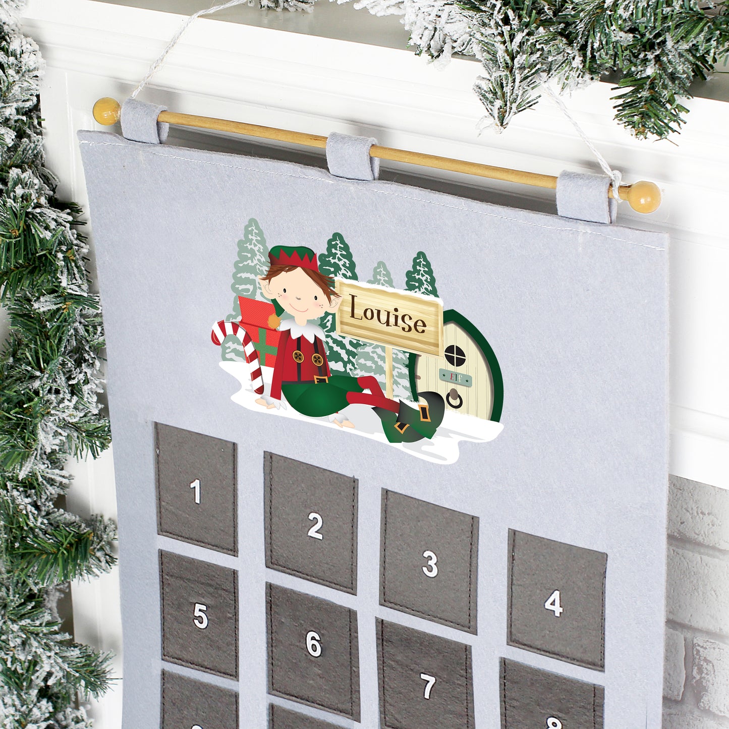 Personalised Christmas Elf Silver Grey Pockets Advent Calendar