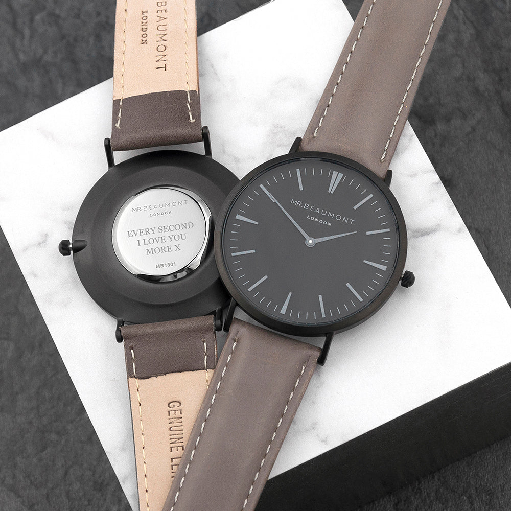 Engraved Men’s Leather Watch With Black Face in Ash - Mr Beaumont