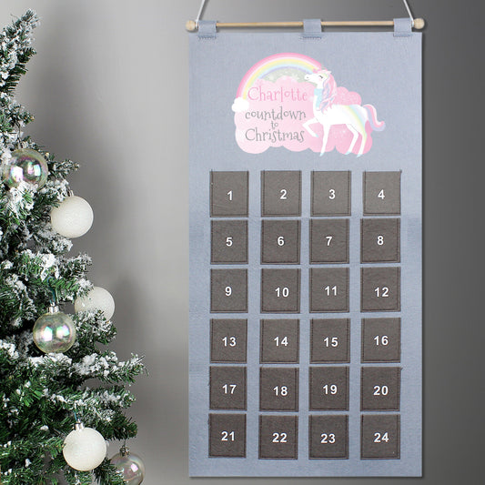 Personalised Christmas Unicorn Silver Grey Pockets Advent Calendar