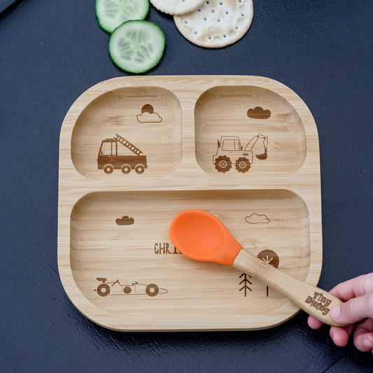 Personalised Little Car Bamboo Plate & Spoon