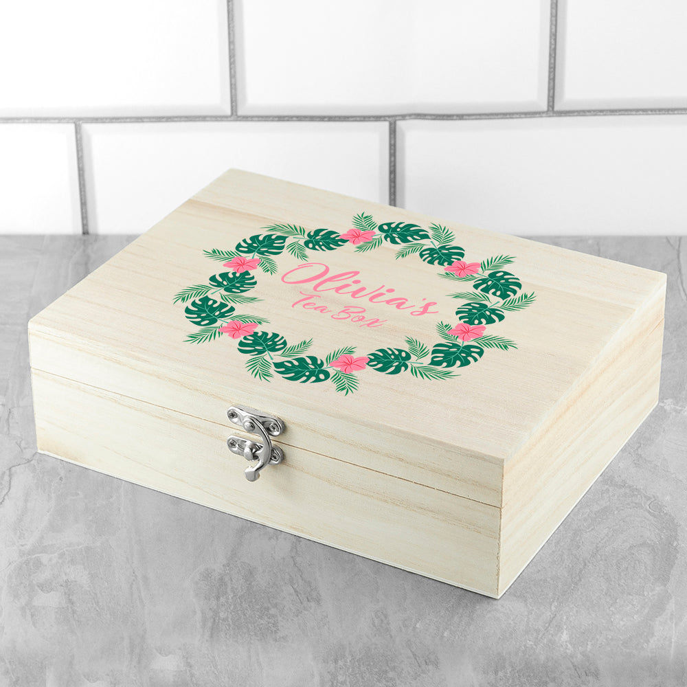 Personalised Rainforest Wreath Wooden Tea Box