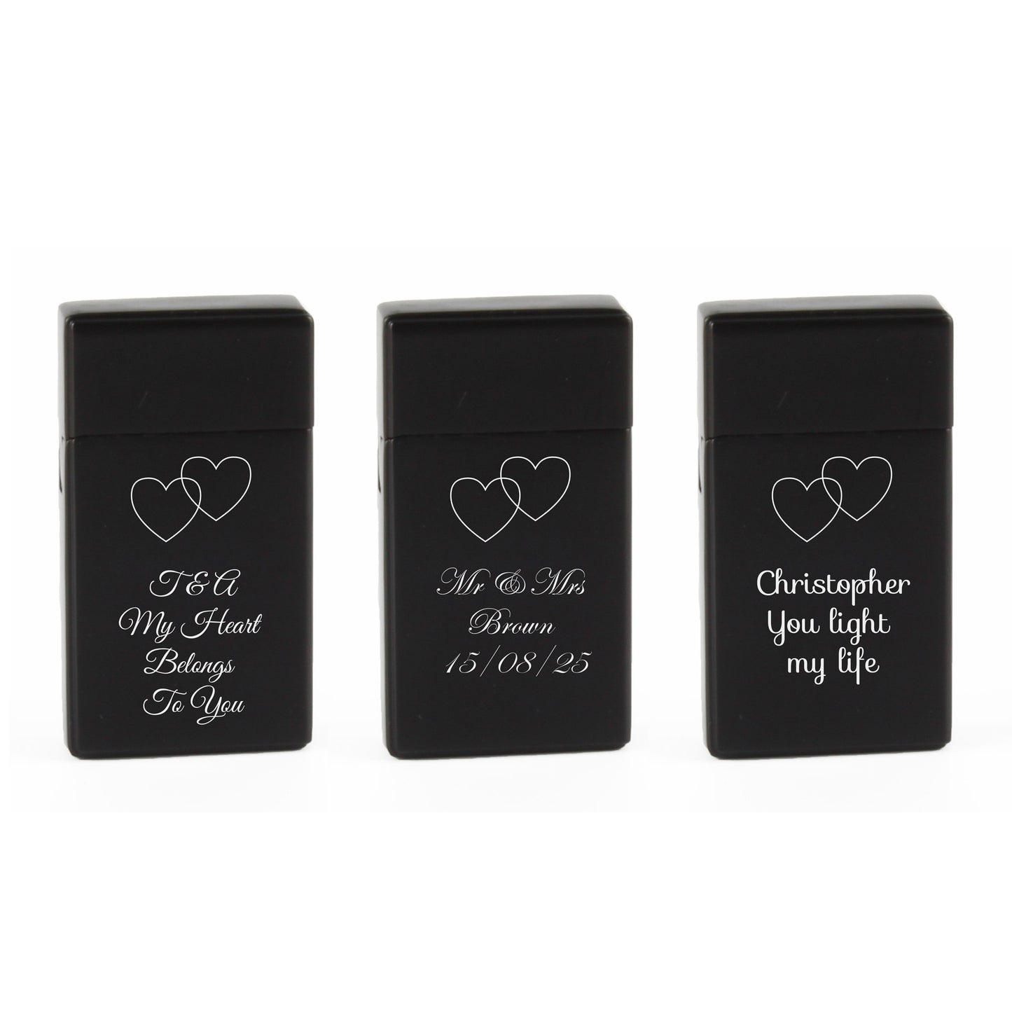 Engraved Jet Gas Lighter Black Overlapping Hearts Gift Boxed Image 4