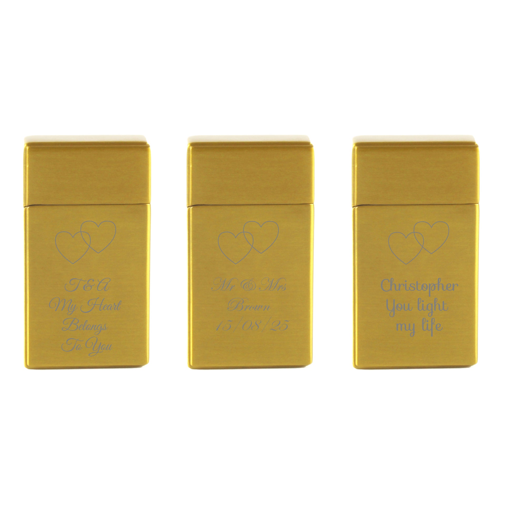 Engraved Jet Gas Lighter Gold Overlapping Hearts Gift Boxed Image 4