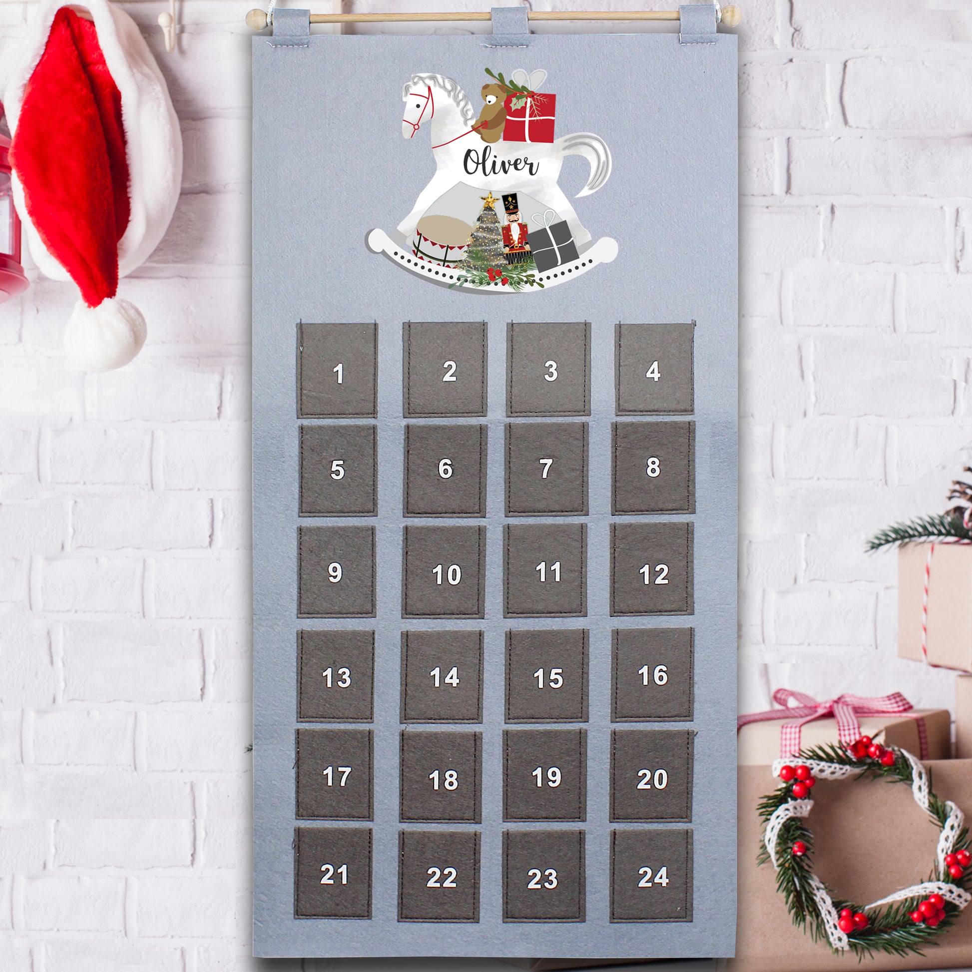 Personalised Christmas Rocking Horse Silver Grey Pockets Advent Calendar
