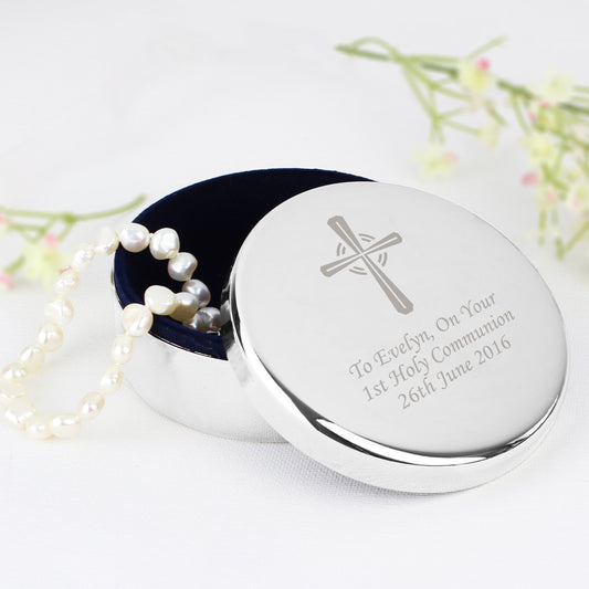 Personalised Silver Cross Round Trinket Box - Ideal For Rosary Beads - PCS Cufflinks & Gifts