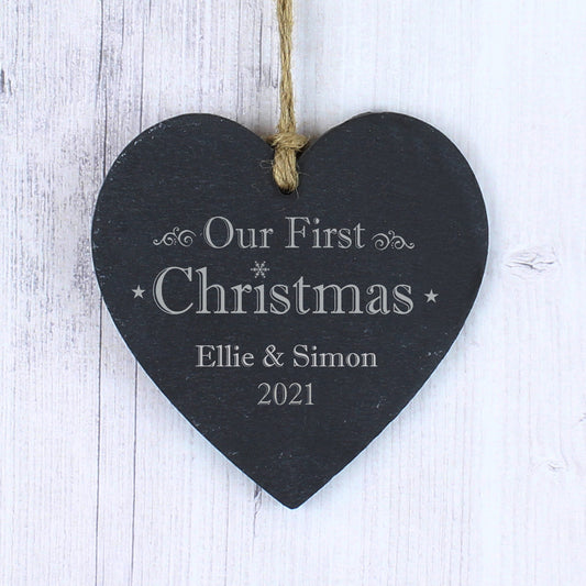 Personalised Our First Christmas Slate Heart Sign