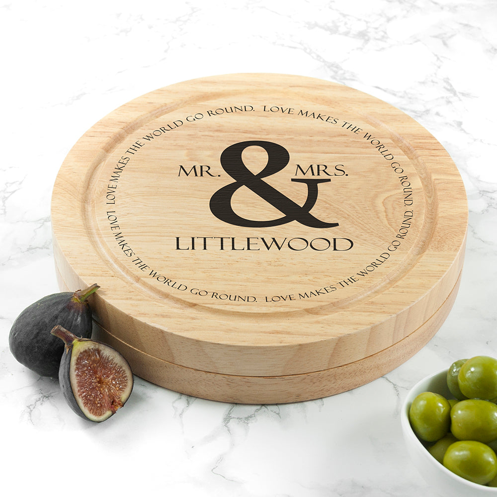 Personalised Love Makes The World Go Couples Cheese Board Set