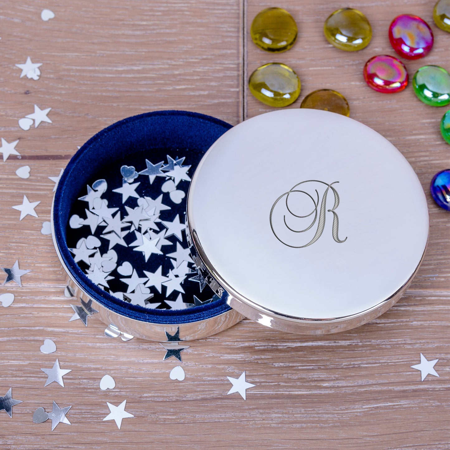 Personalised Round Trinket Box with Script Initial