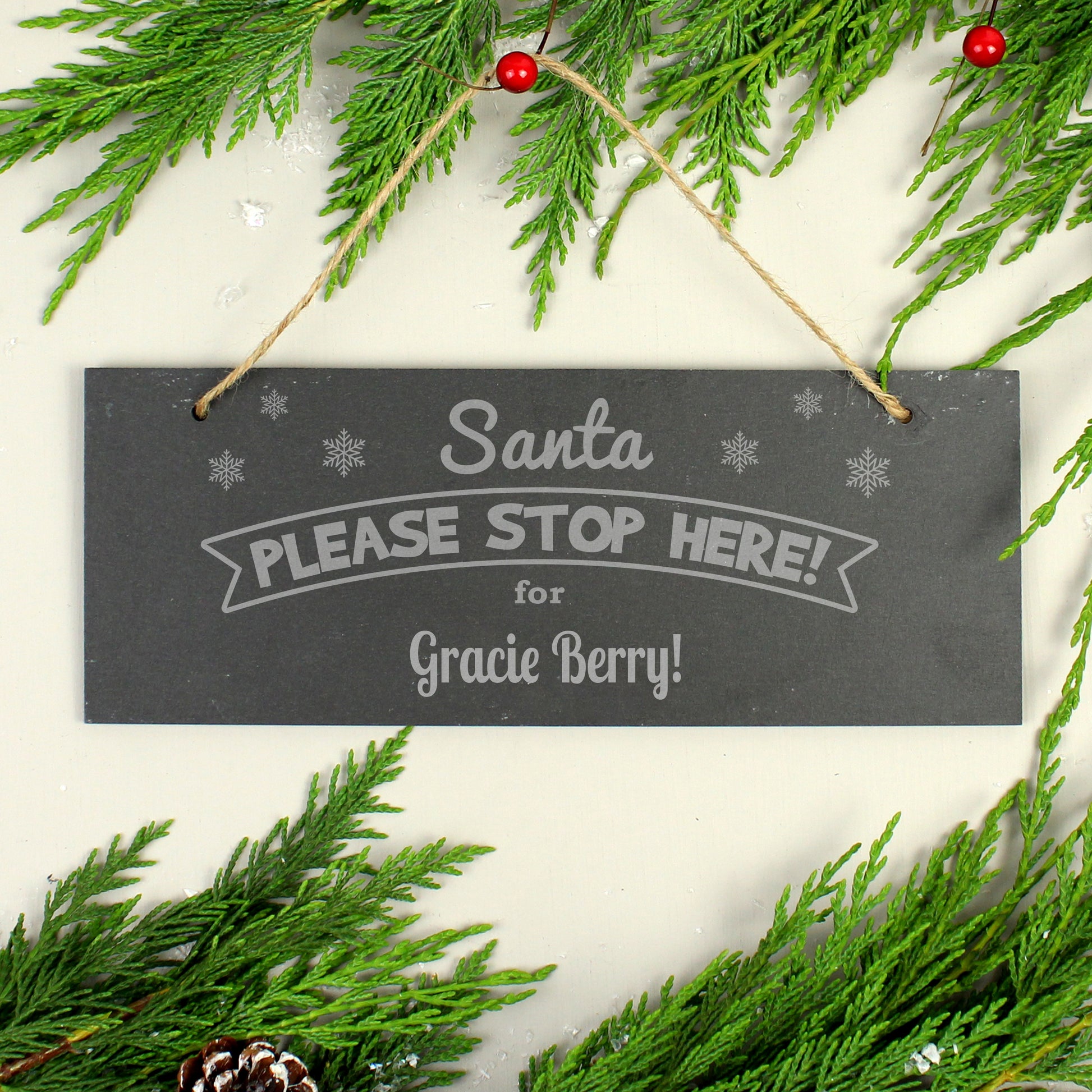 Personalised Santa Please Stop Here Hanging Slate Plaque Sign