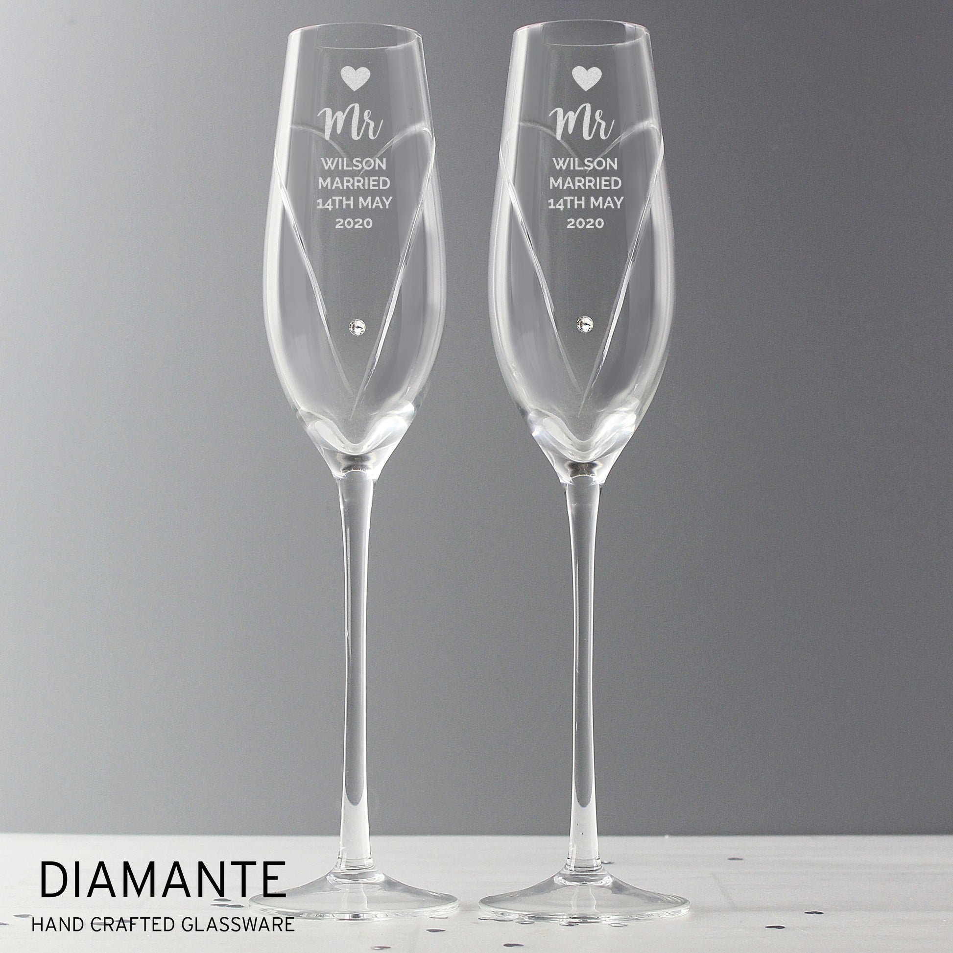 Personalised Hand Cut Heart Flute Glasses Wedding Anniversary Gifts