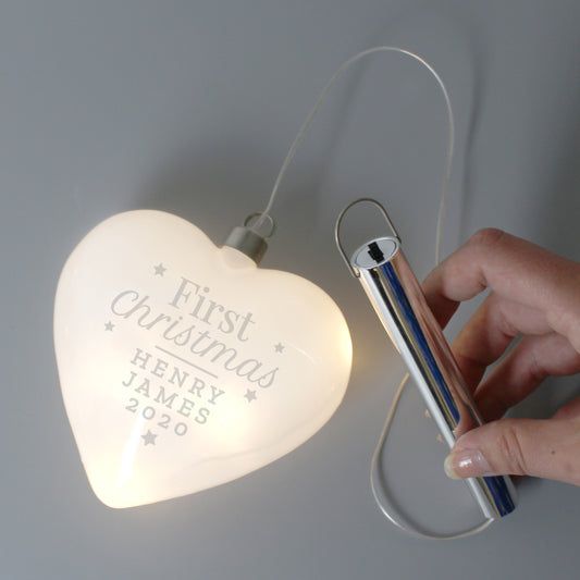 Personalised Baby’s First Christmas LED Hanging Glass Heart