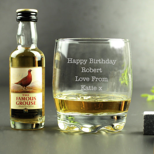 Personalised Tumbler Glass and Famous Grouse Whisky Miniature Set