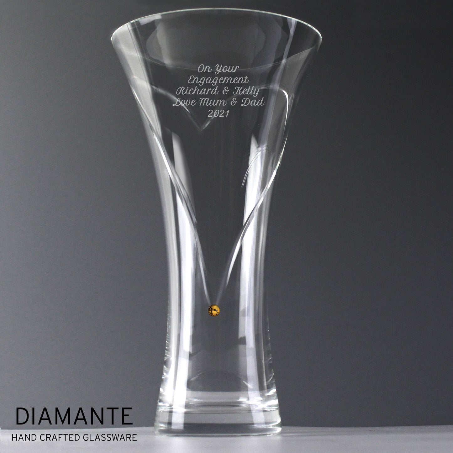 Personalised Large Hand Cut Glass Gold Diamante Heart Vase