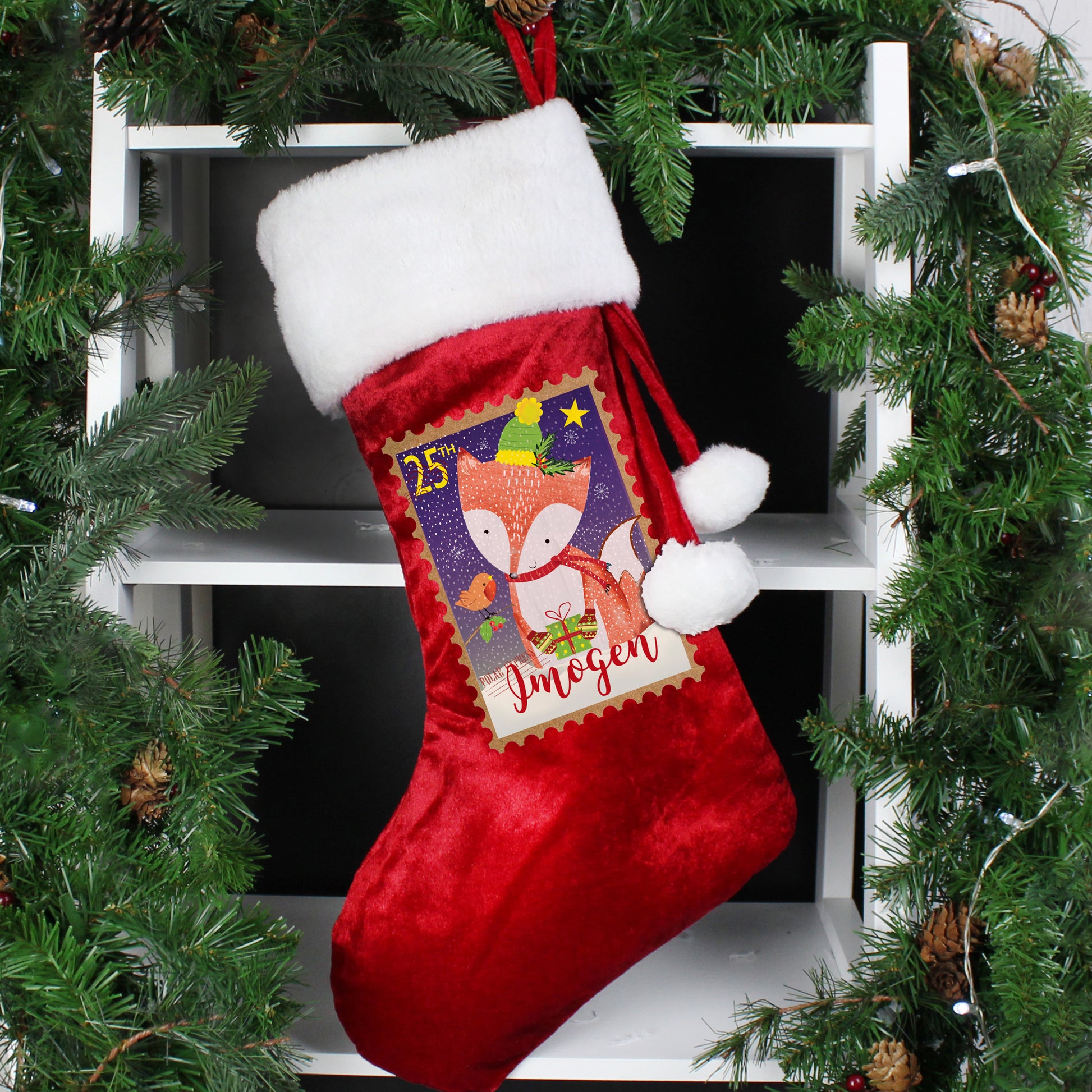 Personalised Festive Fox Luxury Red Christmas Stocking