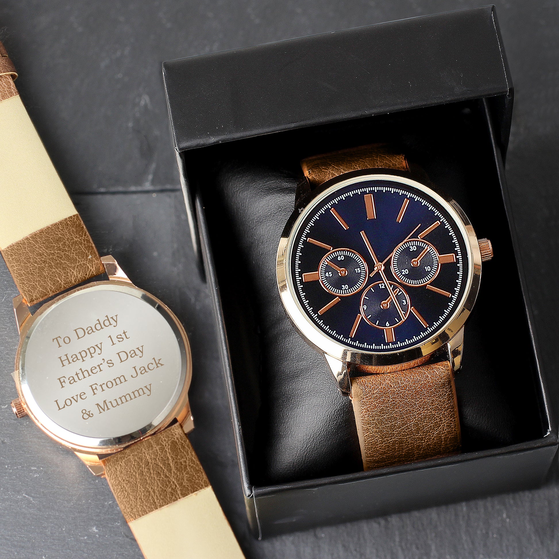 Personalised Mens Rose Gold Tone Watch with Brown Strap