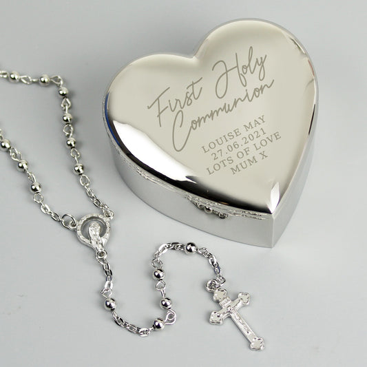 Personalised First Holy Communion Rosary Beads & Cross Heart Trinket Box - PCS Cufflinks & Gifts