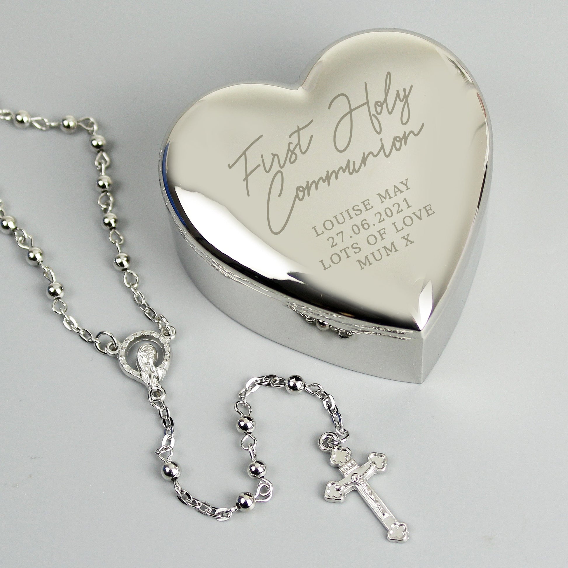 Personalised First Holy Communion Rosary Beads & Cross Heart Trinket Box - PCS Cufflinks & Gifts