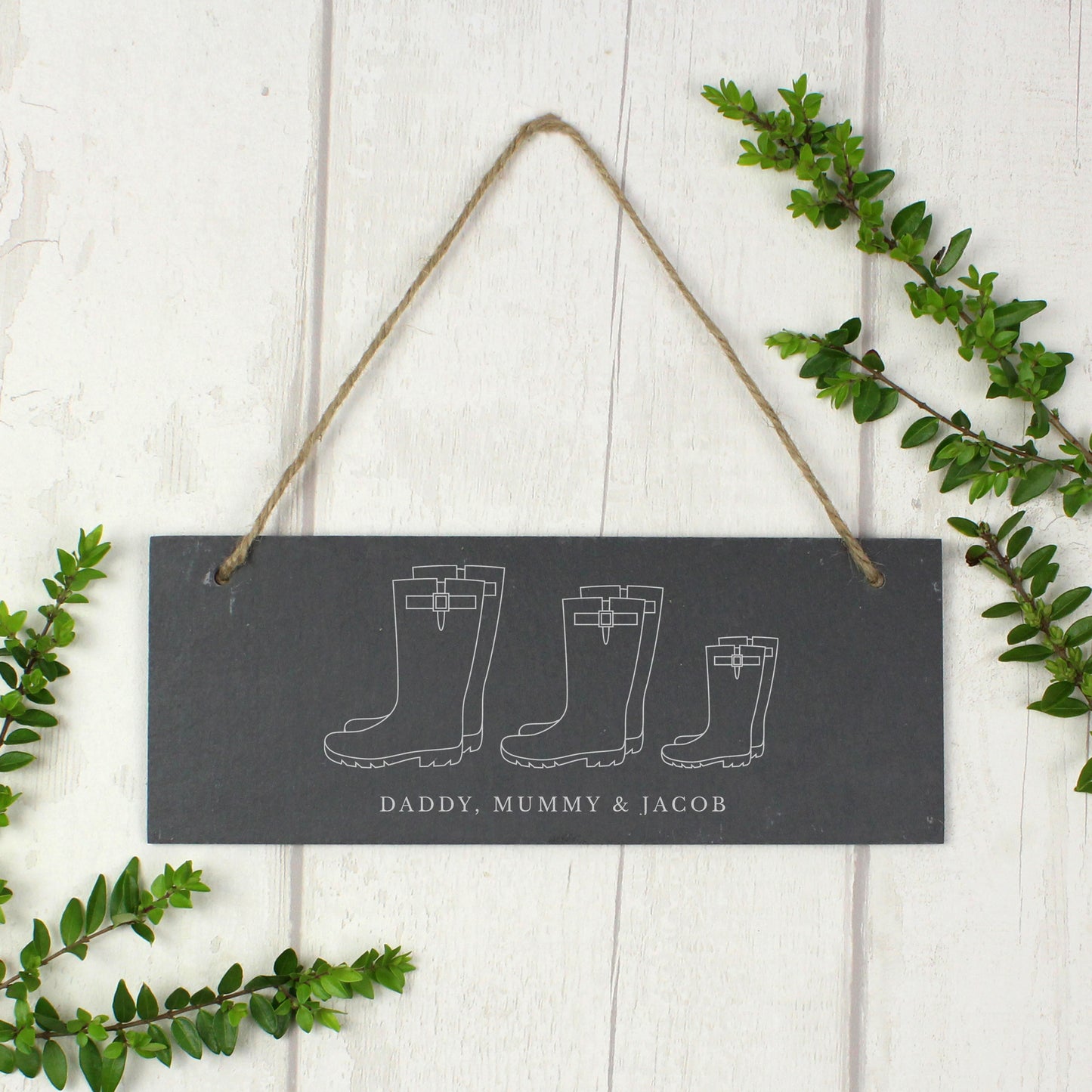 Personalised Welly Boot Family of Three Hanging Slate Sign