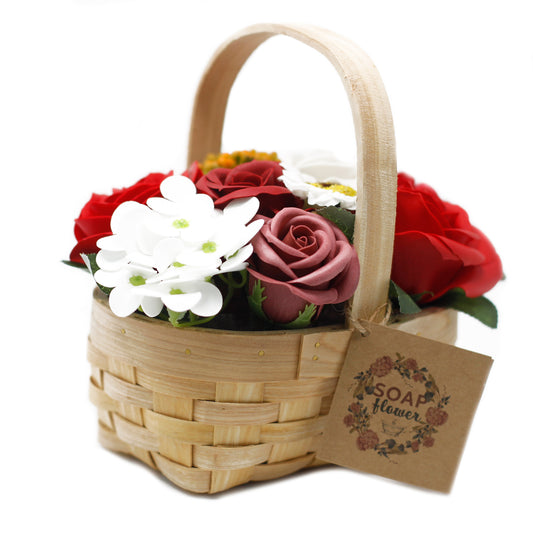 Medium Red Soap Flower Bouquet in Wicker Basket