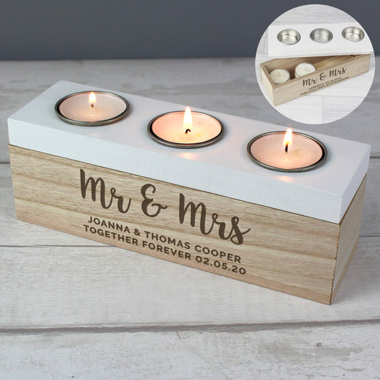 Personalised Mr & Mrs Wedding Triple Tea Light Box