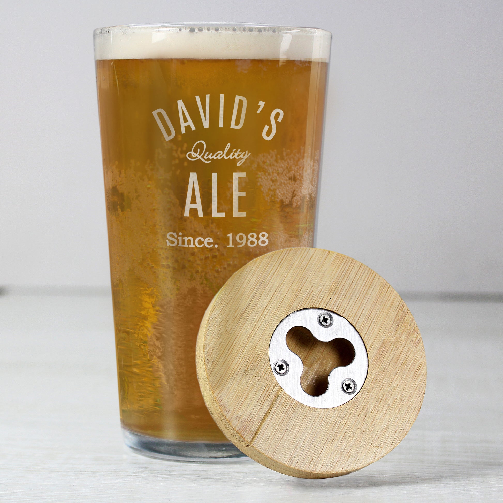Personalised Free Text Bamboo Bottle Opener Coaster & Pint Glass