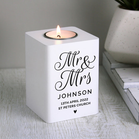 Personalised Mr & Mrs Wedding White Wooden Tea light Holder | Gift