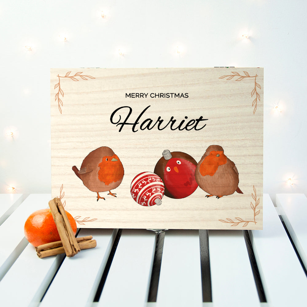 Personalised Robin Baubles Christmas Wooden Tea Box