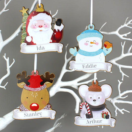 Personalised Set of Four Christmas Characters Wooden Decorations