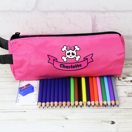Personalised Pink Skull Pencil Case with Pencils & Crayons