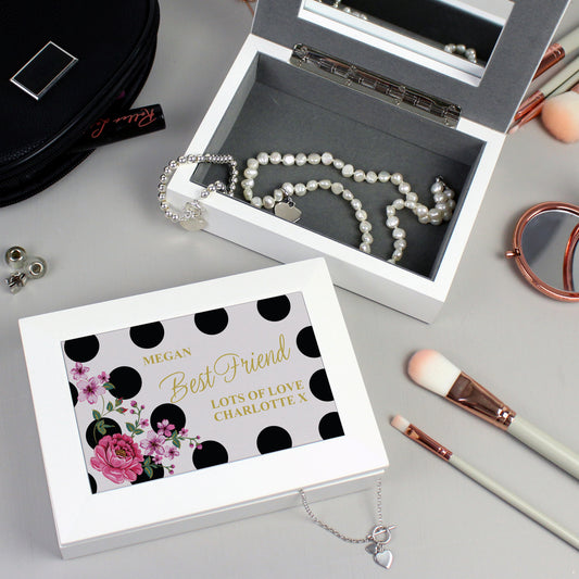 Personalised Floral Dot White Wooden Jewellery Box