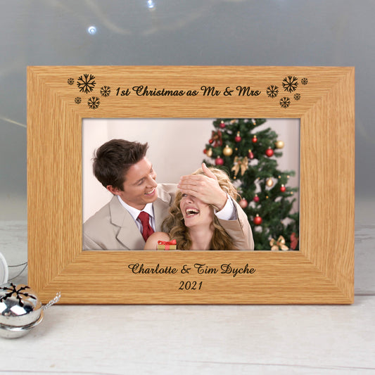 Personalised Oak Finish 6x4 First Christmas As Mr & Mrs Photo Frame