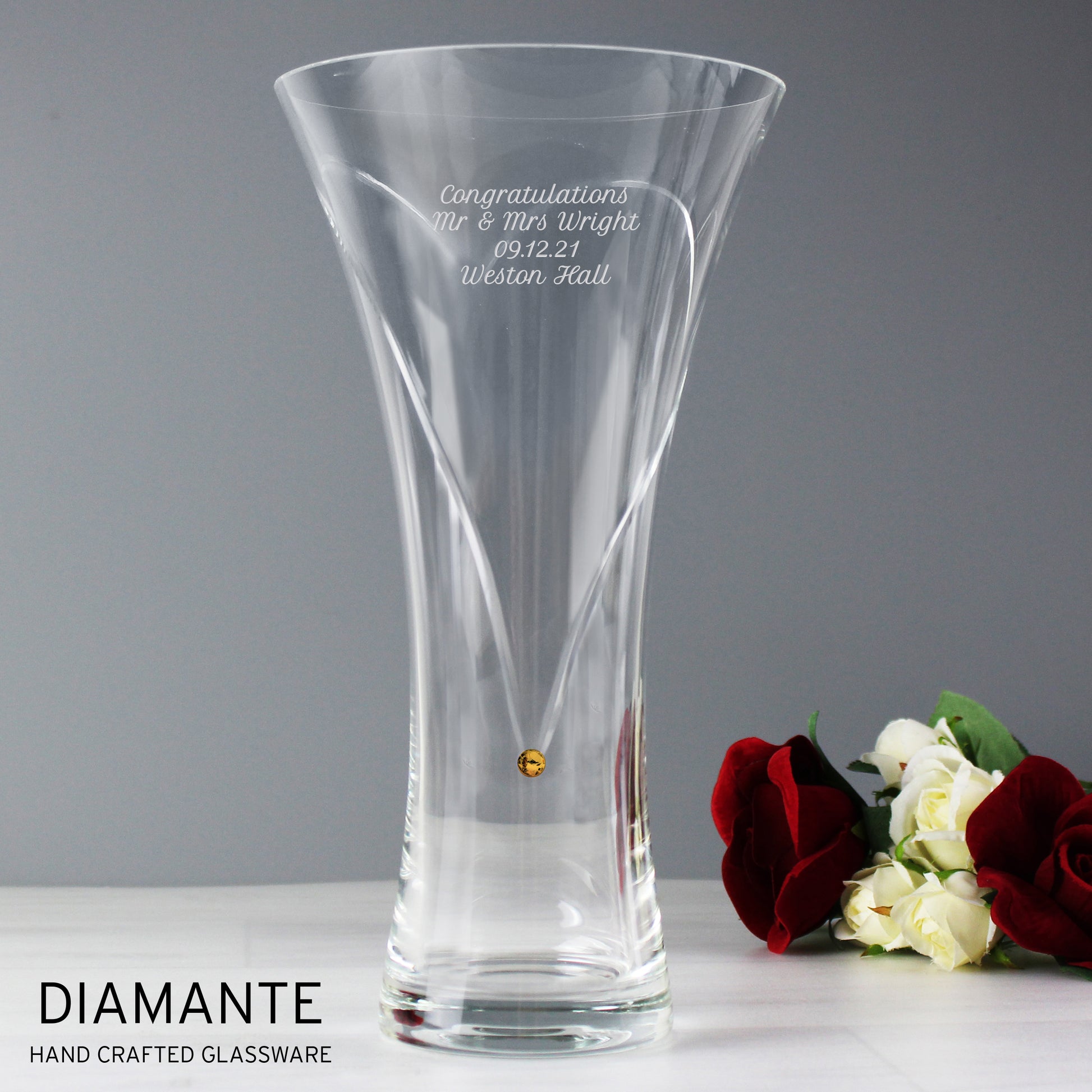 Personalised Large Hand Cut Glass Gold Diamante Heart Vase