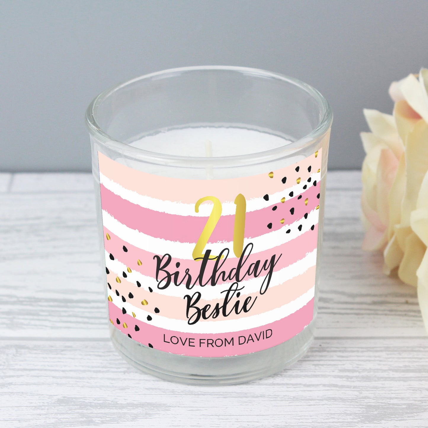 Personalised Birthday Gold and Pink Stripe Scented Candle Jar