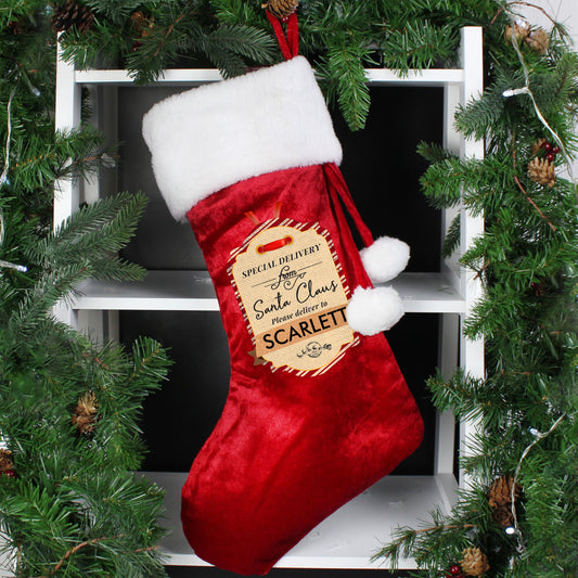 Personalised Special Delivery Luxury Red Christmas Stocking