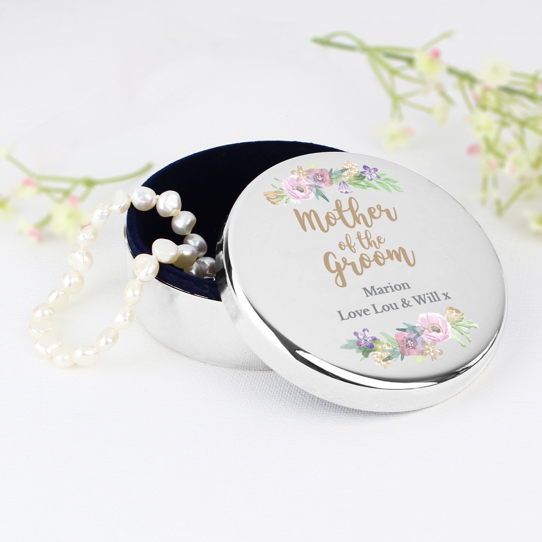Personalised Mother of the Groom Floral Watercolour Round Trinket Box