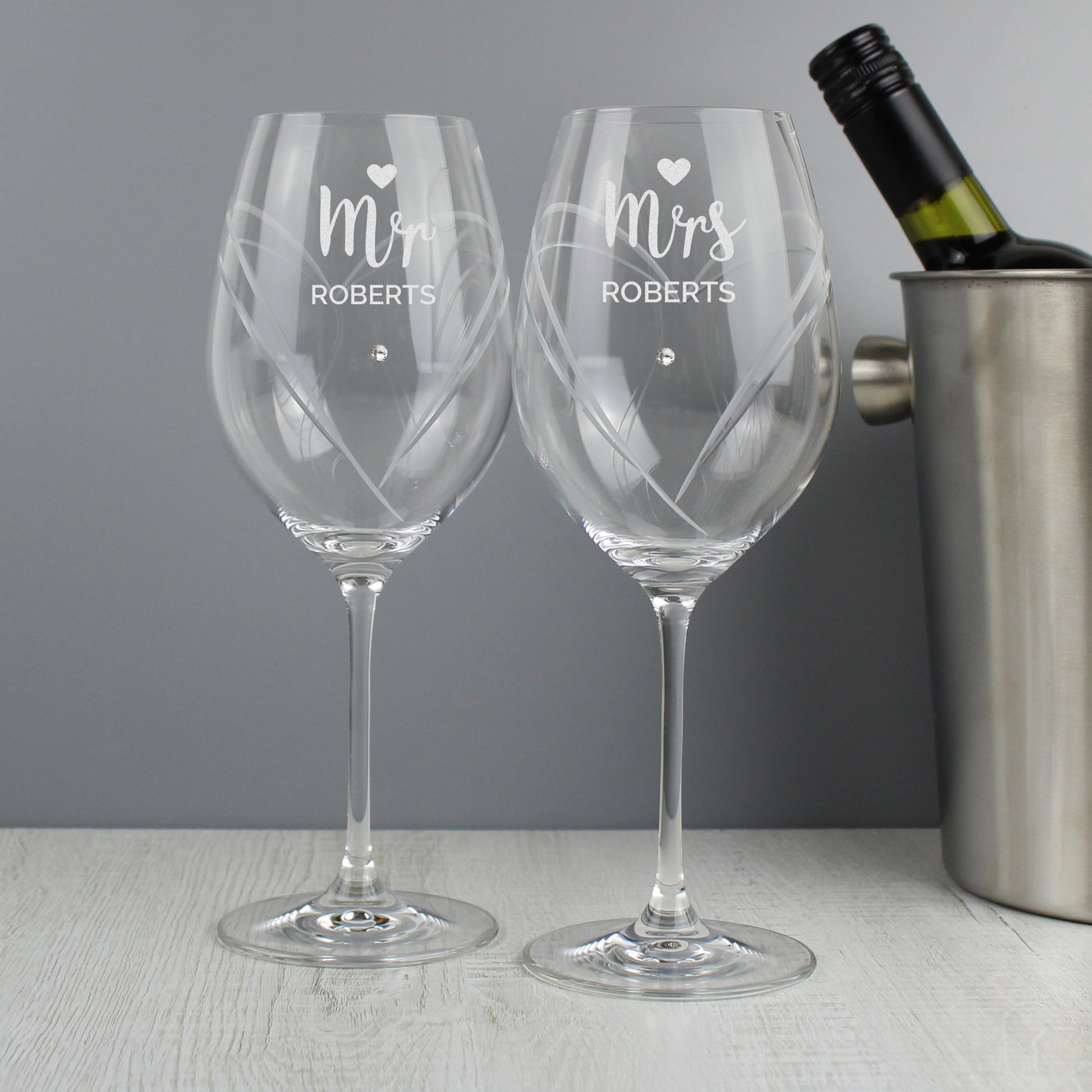 Personalised Wedding Mr & Mrs Hand Cut Heart Wine Glasses