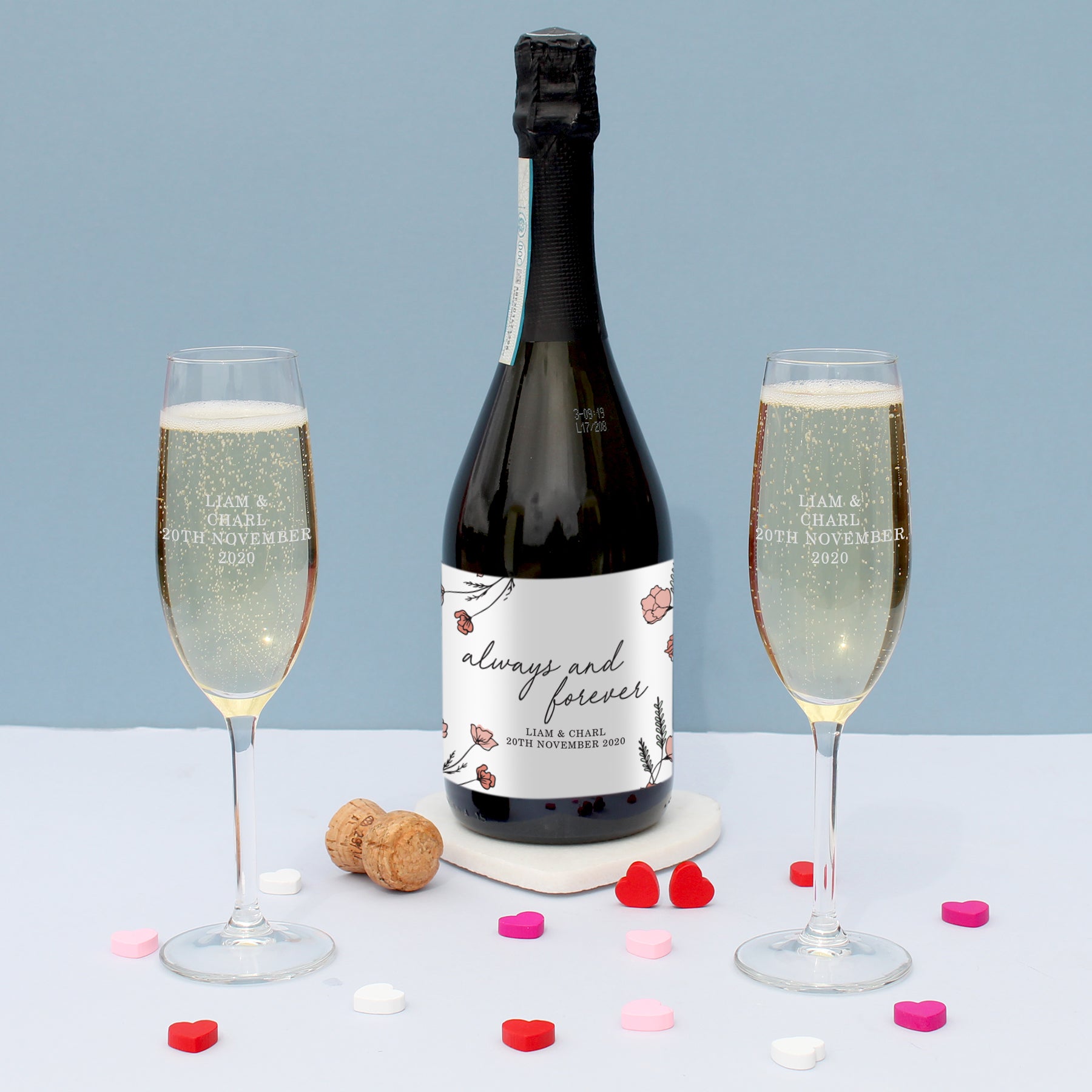Personalised Always & Forever Prosecco & Glasses Set in Silk Lined Box