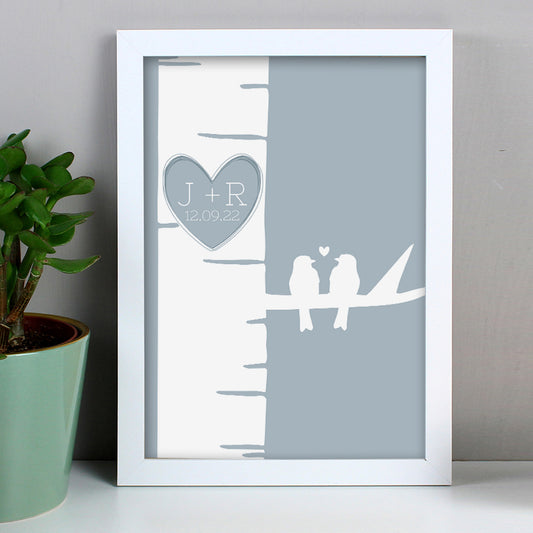 Personalised Grey Love Birds White A4 Framed Print - Wedding Gift