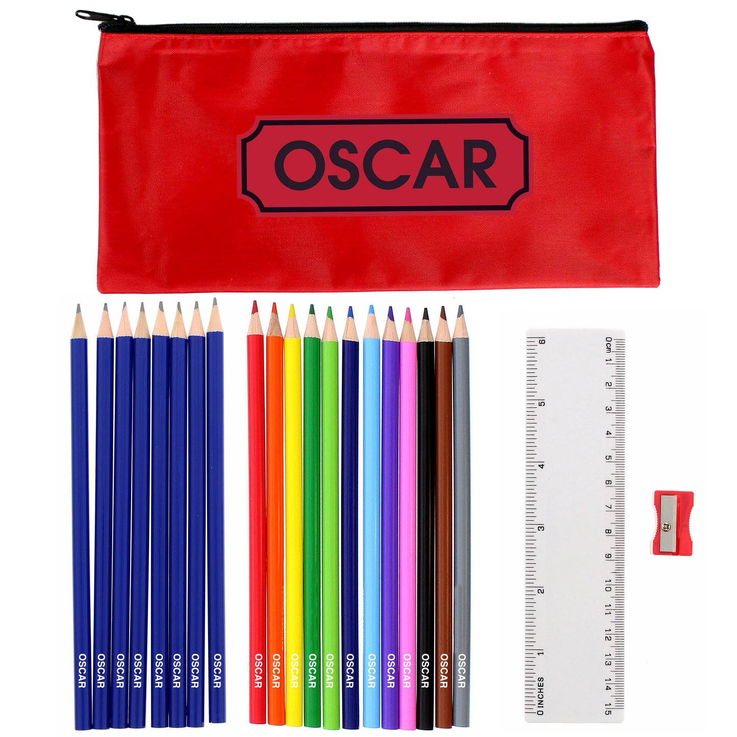 Personalised Red Pencil Case with Pencils & Crayons