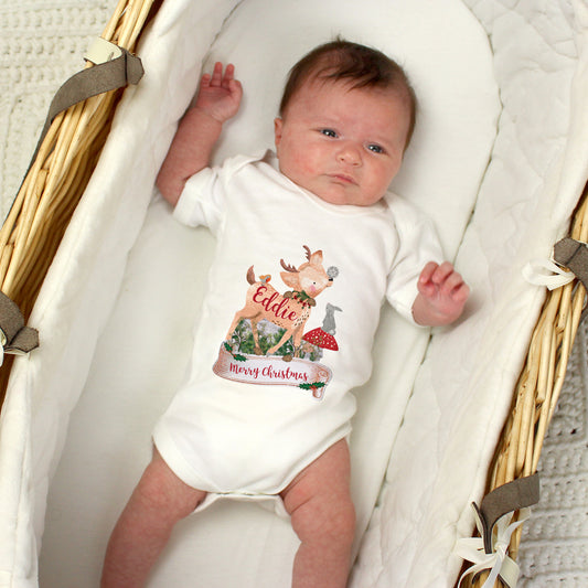 Personalised Festive Fawn Christmas 0-3 Months Baby Vest