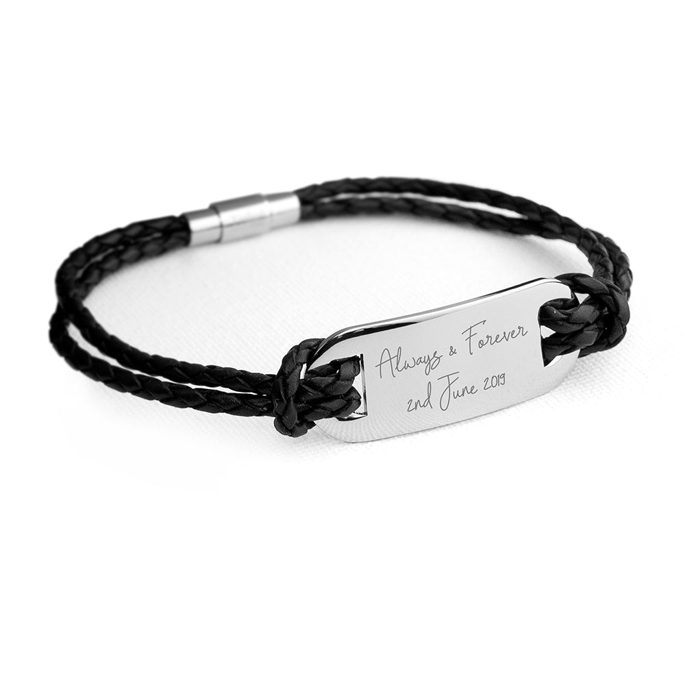 Personalised Handwriting Men's Black Leather Bracelet