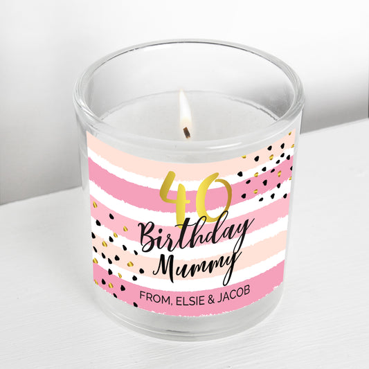 Personalised Birthday Gold and Pink Stripe Scented Candle Jar