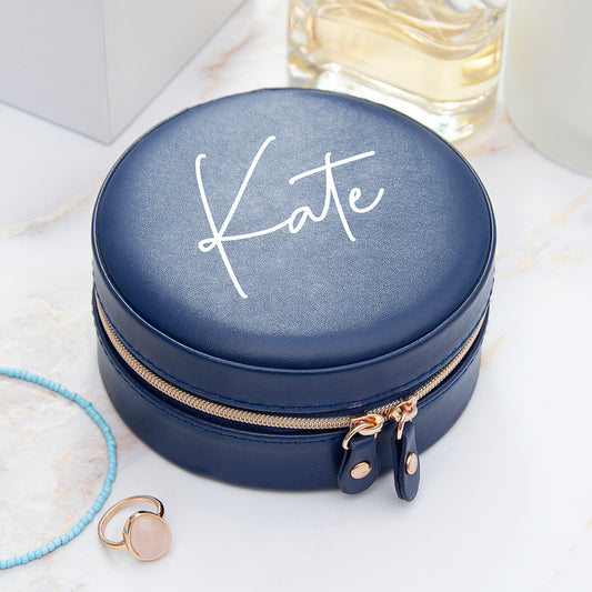 Personalised Navy Blue Round Travel Jewellery Case